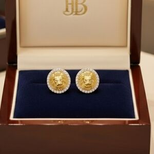 18K Mens Lions Head Earrings